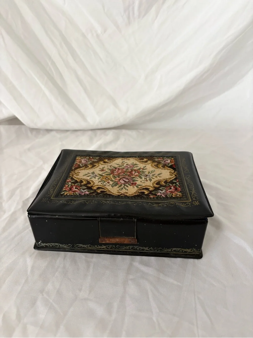 Vintage 60s black tapestry needplepoint floral jewelry box organizer home decor